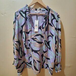 Women's Calvin Klein Long Sleeve Button Front Printed Chiffon Blouse NWT